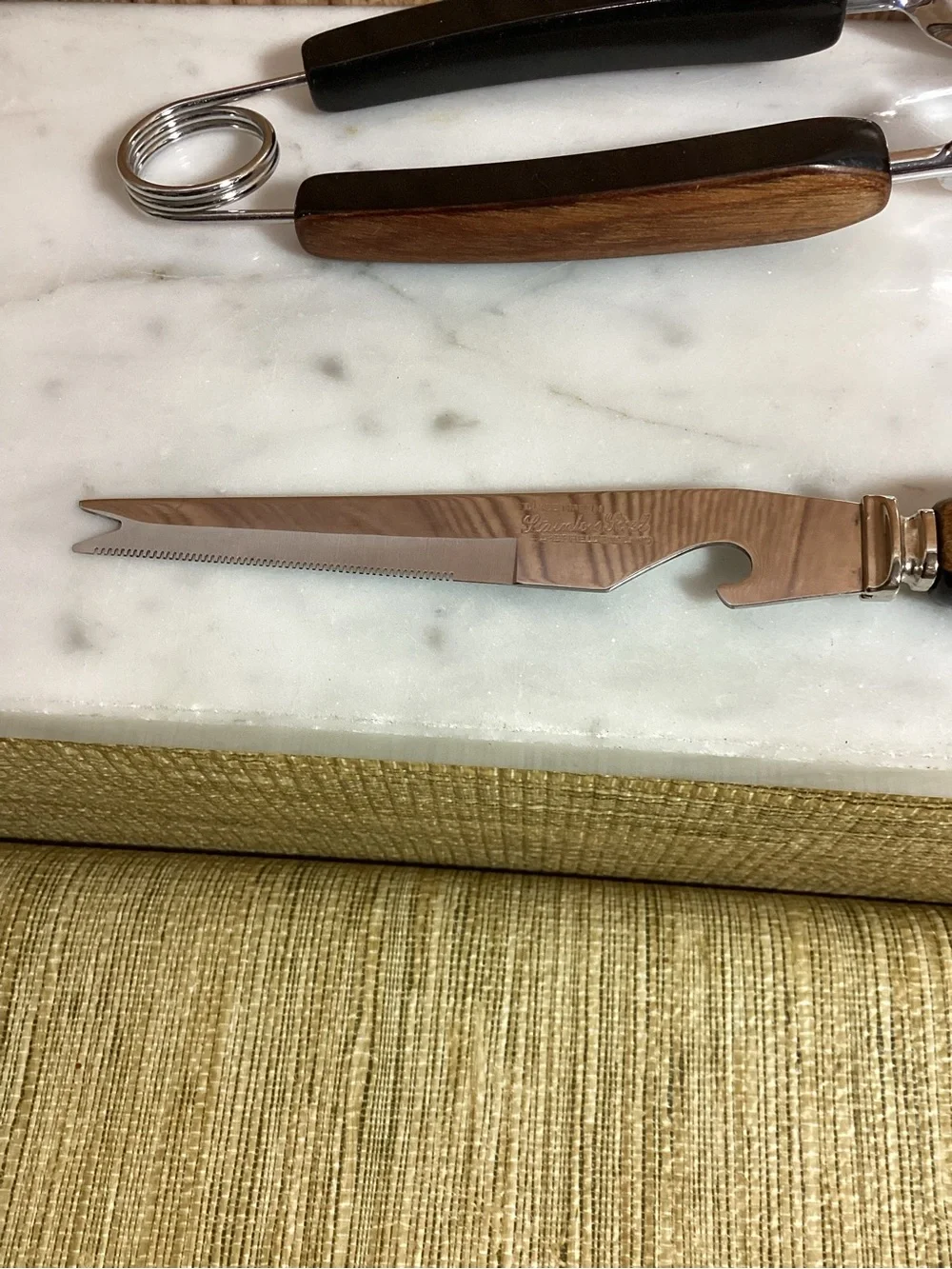 Vintage Wood Handle Men's Claw Tongs ,Multi functional Knife - Wood Tone